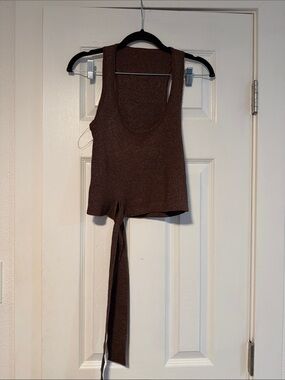 Sleeveless Brown Tie-Front Knit Tank Top